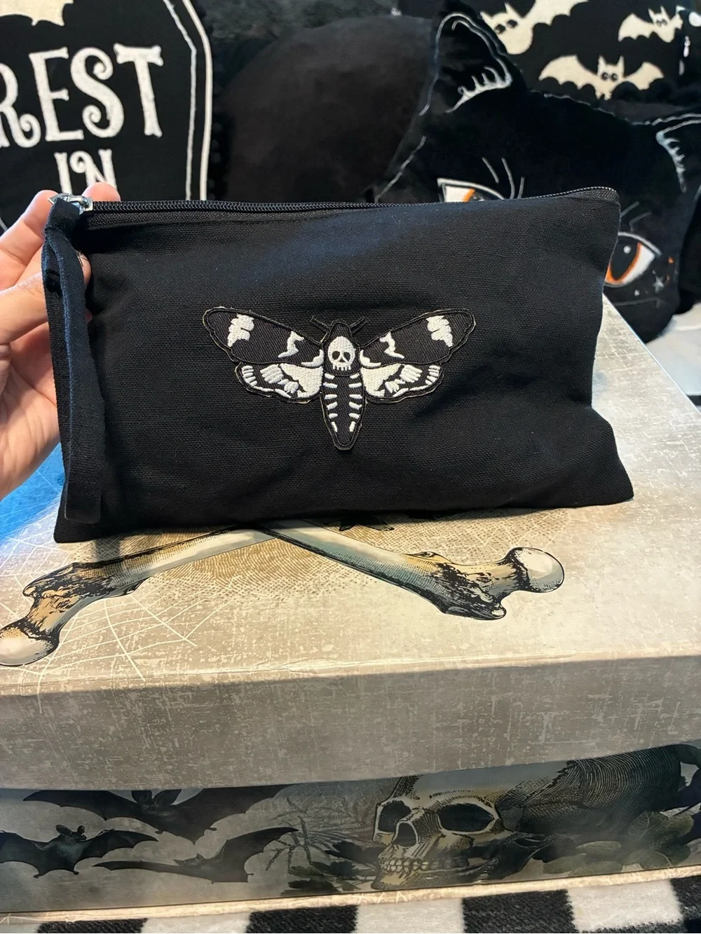 NEW Gothic Upcycled Black Make-up Bag Death Moth Design Kill Star Lipstick NWT
